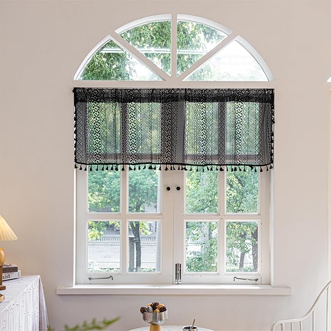 Sutuo Home Boho Valance Curtains for Kitchen Crochet Lace Sheer Bohemian Hollow Knitted with Tassels, Privacy Vintage Rustic Gothic Farmhouse Drapes, Rod Pocket 1 Panel 59" W x 18" L, Black