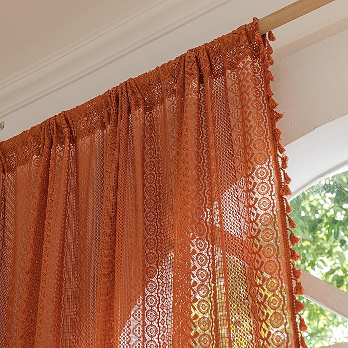 Sutuo Home Burnt Orange Boho Curtains 84 inches Long for Bedroom Living Room, Terracotta Crochet Lace Sheer Bohemian Hollow Knitted Tassels,Window Treatment Drapes Fall Decor, 1 Panel 59" W x 84" L