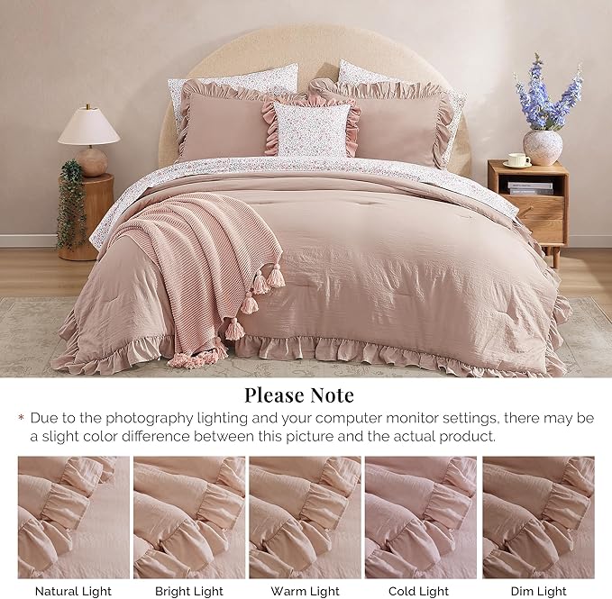 King Comforter Set - 7 Pieces Ruffle Pink Bedding Sets, Shabby Chic Farmhouse Bed in a Bag King with Ruffle Comforter, Floral Sheets, Pillowcases & Shams