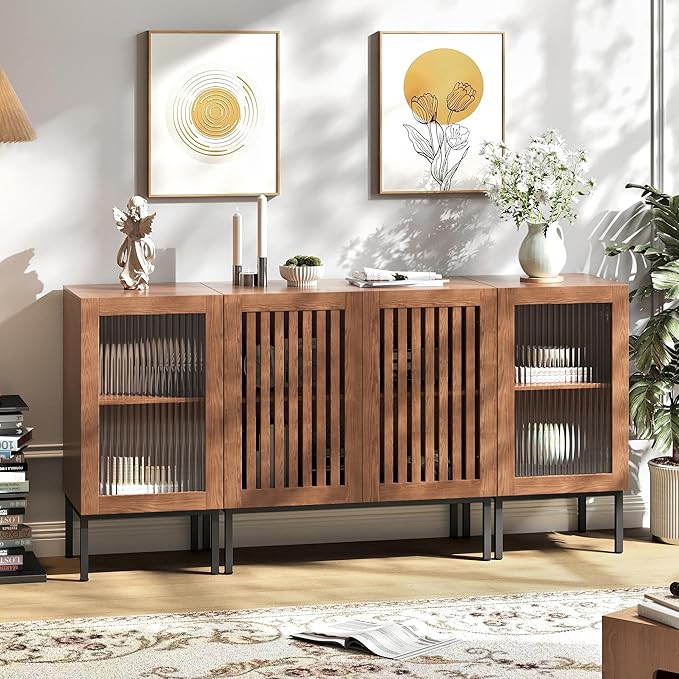 Farmhouse TV Stand for TVs up to 70 Inch, Entertainment Center TV Console with Storage Cabinets and Glass Doors,Media Console for Living Room,Brown