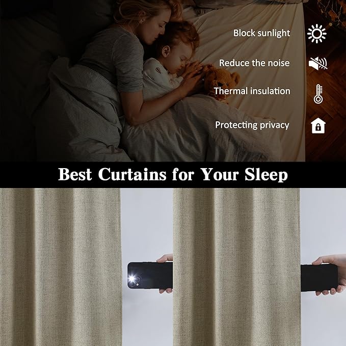 RAIN CITY Blackout Taupe Curtains 92 Inch Long for Bedroom Living Room Linen Textured Farmhouse Room Darkening/Thermal/Noise Reduction Window Treatment Drapes with Hooks 2 Panels, 2x50Wx92L in