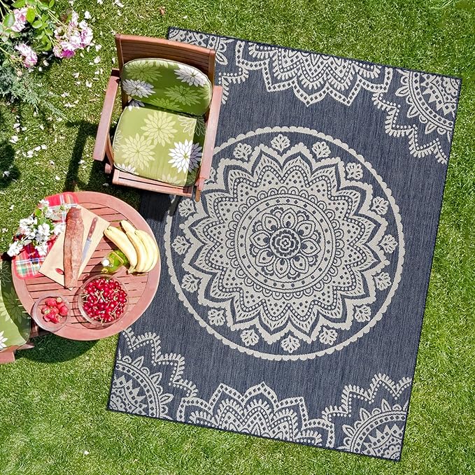 CAMILSON Outdoor Rug 10x14 Modern Area Rugs for Large Indoor and Outdoor Patios and Porches - Waterproof Washable Non-Shedding Easy-to-Clean Outside Carpet (10 x 14, Medallion - Blue/White)