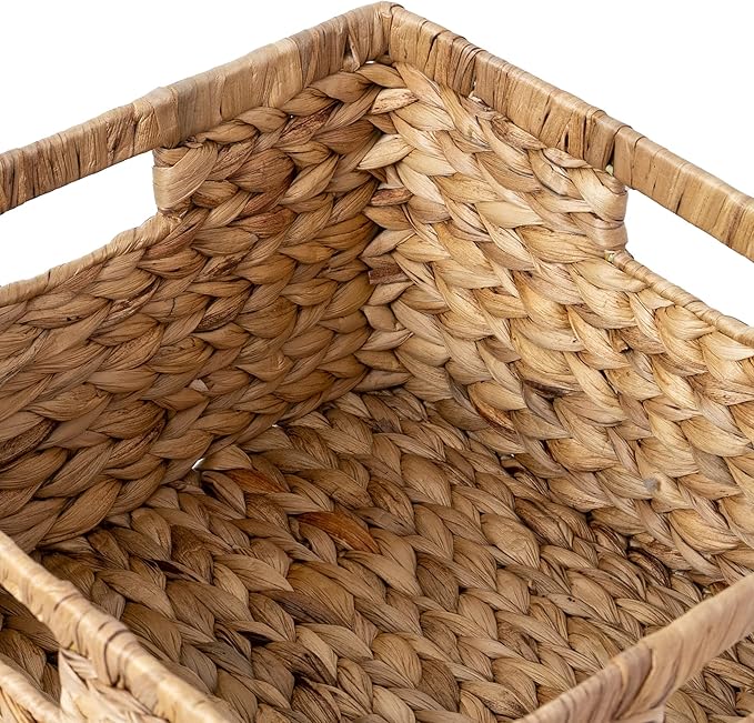 Large 14.5” x 13.5” x 8” (Set of 3) Natural Water Hyacinth Woven Storage Baskets, Rectangular Wicker Basket with Built-in Handles, Large (Natural)