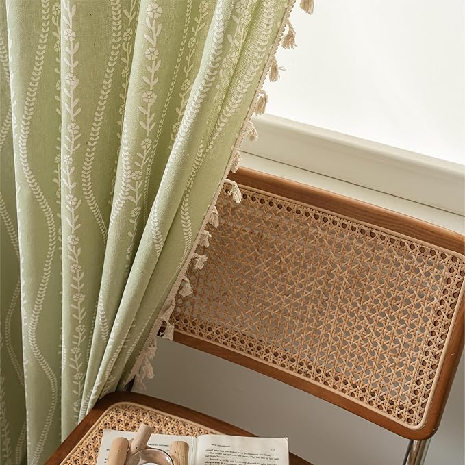 Sutuo Home Boho Curtains 96 Inches Long for Bedroom Living Room Nursery Patio, Bohemian Tassels Country Window Treatment Drape for Christmas Decorations, 1 Panel 59" W x 96" L,Green Stripe Floral