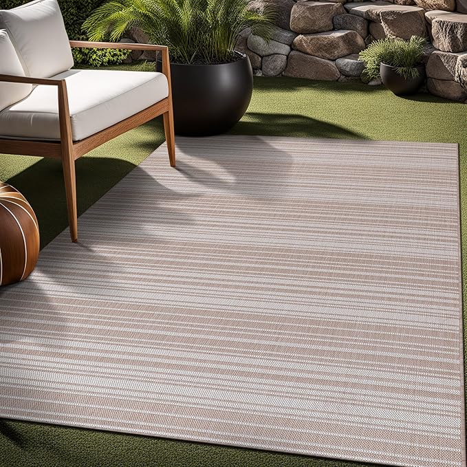 Stripe Outdoor Rug 10x14 Washable Outside Carpet for Indoor Patio Porch Waterproof Easy Cleaning Non Shedding Area Rugs Beige 10 x 14