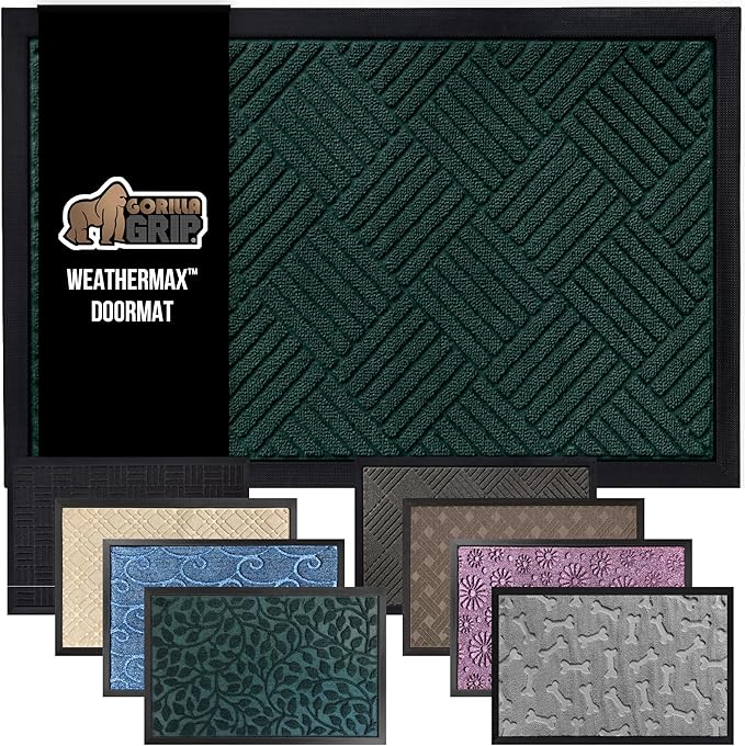 GORILLA GRIP 100% Waterproof All-Season WeatherMax Doormat US Designed Natural Rubber, Stain and Fade Resistant, Low Profile Indoor Outdoor Door Mats, Easy Clean Patio Mat, 23x35, Green Diamond