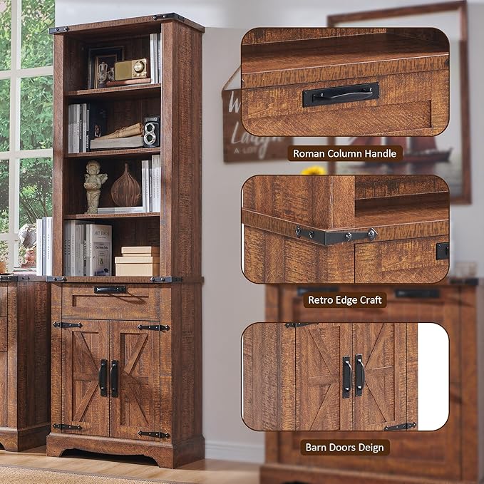 OKD 72'' Tall Bookshelf with Storage, Farmhouse 4 Tier Bookcase w/Barn Door, Adjustable Shelves and Drawers, Rustic Wooden Office Bookshelves for Home, Living Room, Library (Reclaimed Barnwood Color)