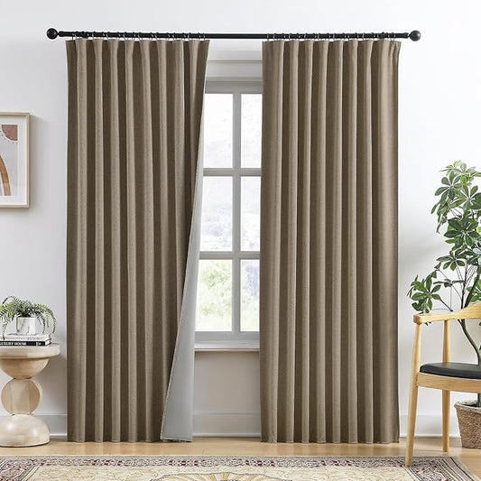 RAIN CITY 90 Inch Long Blackout Curtains 2 Panels Set,70 Inch Wide Back Tab Pleated Curtains with Hooks Track System,Energy Efficinet Linen Blend Drapes for Dining Room Hoom Office 70x90,Linen Brown