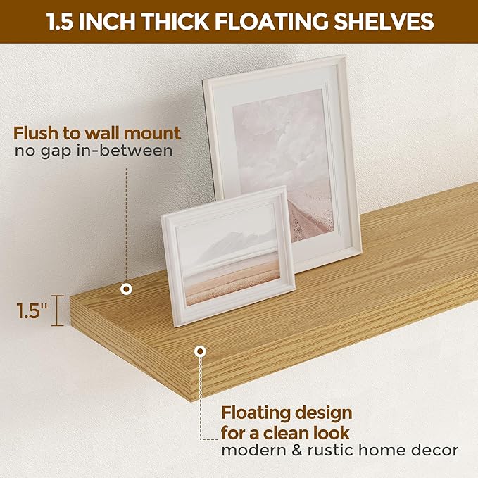 Fun Memories 16 Floating Shelves for Wall, 9 Inch Deep Floating Shelf for Bathroom, Rustic 16 x 9 Floating Shelf for Kitchen, Bedroom, Wide Wooden Shelves Wall Mounted, Oak Color, Set of 2