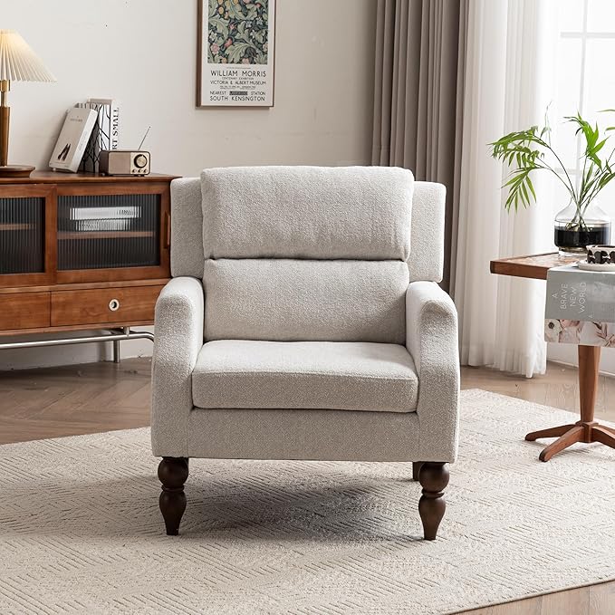 Kidol & Shellder Beige Oversized Accent Chair for Living Room Mid Century Modern Reading Chair with Back Wide Upholstered Comfy Single Sofa Chair for Bedroom Lounge Side Corner Boucle Fabric Armchair