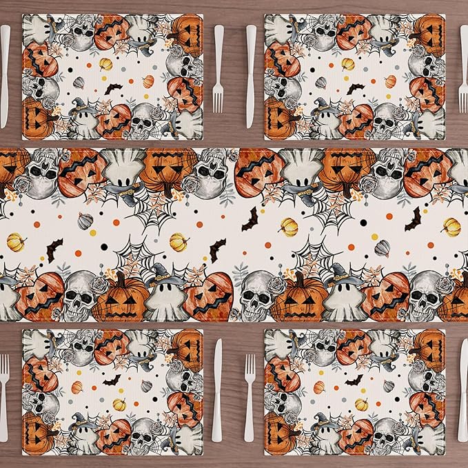 XCHI Spooky Skeleton Ghost Pumpkin Halloween Placemats Set of 4 Table Mats for Party Home Kitchen Dining Table Decorations 12x18 Inch