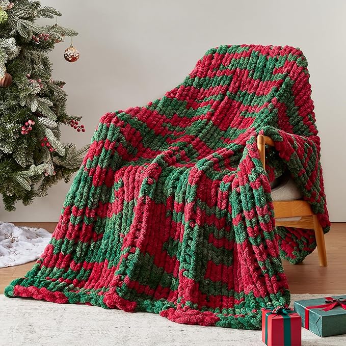 Chunky Knit Throw Blanket, 30''*40'' Knitted Throw Chenille Yarn for Bed Couch, Handmade Stripe Crochet Big Thick Blanket, Machine Washable Cute Comfy Blanket for Home Decor