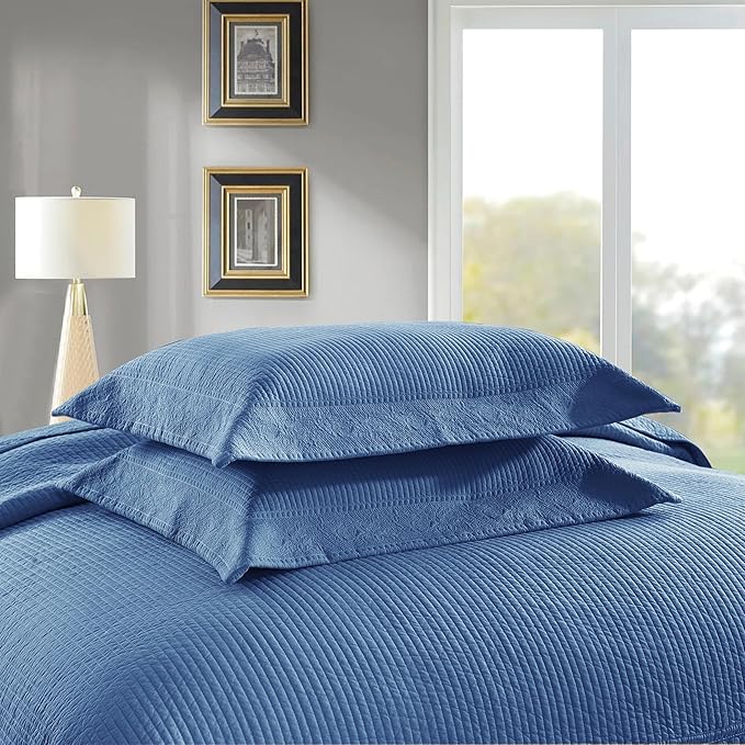 MarCielo 3-Piece 100% Cotton Oversized Bedspread Lightweight Quilt Coverlet Embroidery Farmhouse Bedding Set (TG Midtone Blue, Oversized Queen (100"x106"))