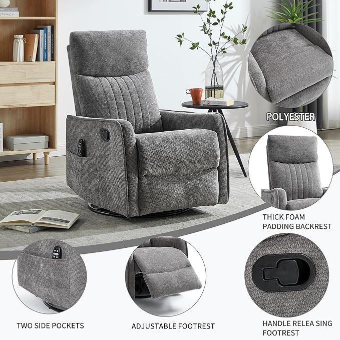 Manual Swivel Rocker Recliner Chair for Adults, Overstuffed Reclining Glider Chair for Nursing with Vibration Massage & Heat, Living Room Rocking Recliner 2-Stage backrest, Chenille Fabric Dark Gray