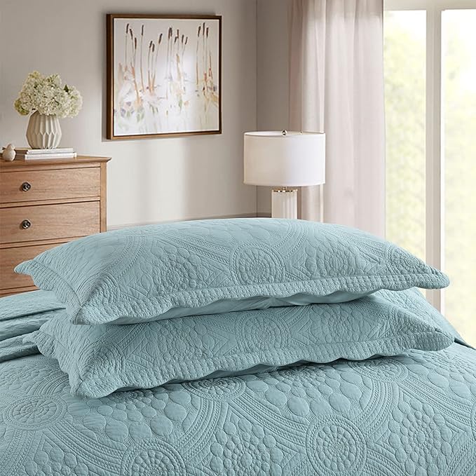 MarCielo 3-Piece 100% Cotton Oversized Bedspread Lightweight Quilt Coverlet Embroidery Farmhouse Bedding (Tf Aruba Blue, Oversized King (118"x106"))
