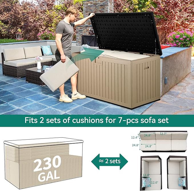 YITAHOME 230 Gallon Double-Wall Deck Box with Divider & Side Handles, Outdoor Large Storage for Patio Furniture Cushions, Garden Pool Accessories, Water Resistant & Lockable