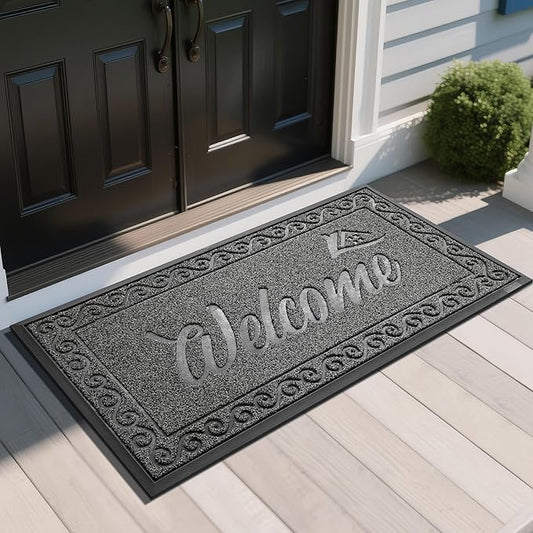 Yimobra Welcome Mat, Heavy Duty Sturdy Door Mats for Home Entrance Outdoor Indoor, Front Doormat for Outside Patio Floor Entry Porch Garage Office, Waterproof, Low Profile, 47 x 24, Black Grey