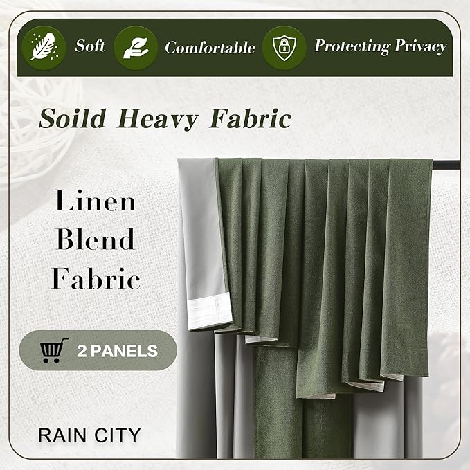 RAIN CITY Extra Wide Linen Blackout Curtains & Drapes with Hooks 70 in Width for 60&72 Inch Window 2 Panels,Back Tab Pleated Curtains for Track System Sliding Glass Door 70x90,Loden Olive Green