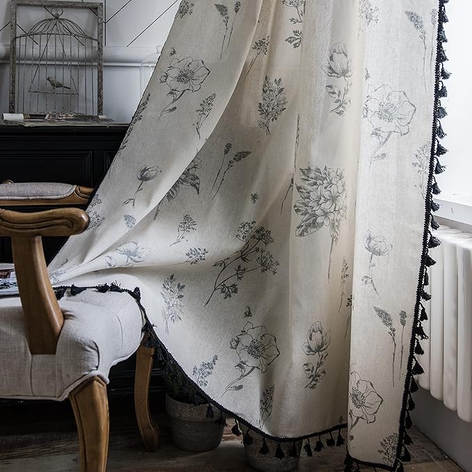 Sutuo Home Boho Curtain with Handmade Tassels, Rod Pocket Window Treatment Vintage Rustic Bohemian French Farmhouse Semi-Blackout Print Drape for Bedroom, 1 Panel 59" W x 84" L,Grey Floral