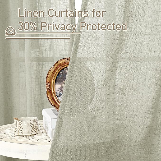 LAMIT Sage Grey Sheer Linen Curtains 54 Inch Length for Bedroom, Bronze Grommet Light Filtering Panels Neutral Drapes for Living Room/Window, 2 Panels Set, 52 x 54 Inch