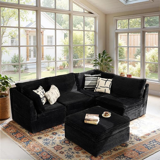 Modular Sectional Sofa, 130.7" L Shaped Couch Set for Living Room, 4-Seater Comfy Cloud Couches with Movable Ottoman, DIY Combination, Plush Corduroy, Black