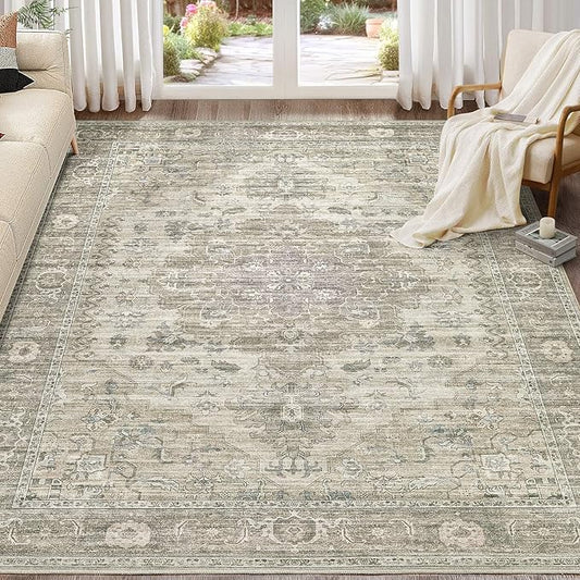 Washable Area Rugs for Living Room - 7x9 Neutral Vintage Distressed Floral Farmhouse Boho Large Soft Floor Rug Indoor Non Slip Carpet for Living Room Bedroom Dining Room Office - Brown/Tan