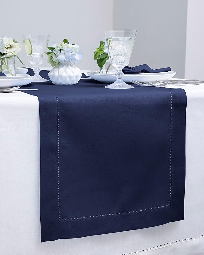 Solino Home Linen Navy Table Runner 120 Inches Long - 100% Pure Linen Hemstitch 14 x 120 Inch Table Runner for Dining, Fall, Autumn, Thanksgiving - Classic Hemstitch