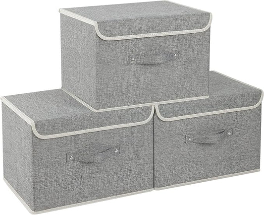 Fabric Storage Bins Cube Organizers with Flip-Top Lid and Handles,Storage Boxes for Organizing Home,Office,and Closet,Grey,3 Pack 15 x 9.8 x 9.8 in