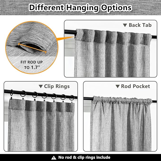 MYSKY HOME Living Room Curtains 2 Panels Boho Semi Sheers Long Drapes Light Filtering for Bedroom Windows, Linen Look Texture Soft Cotton Blend Fabric, 50" Wide x 90" Long, Dark Grey, 2 Panels