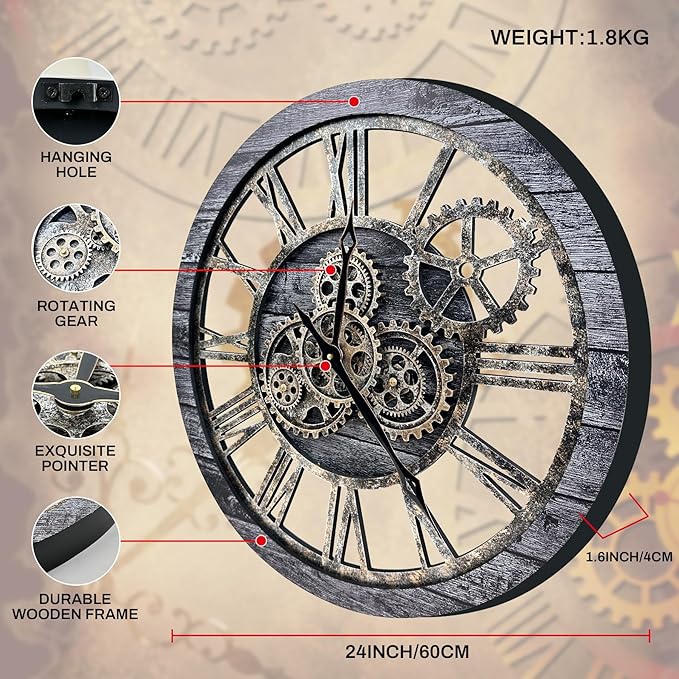The B-Style Large Wall Clock 24 inch Moving Gear Wall Clock Oversized Vintage Farmhouse Wall Clocks for Living Room Decor Rustic Industrial Wood Clock (Carbon Gray, 36 inch/90cm)
