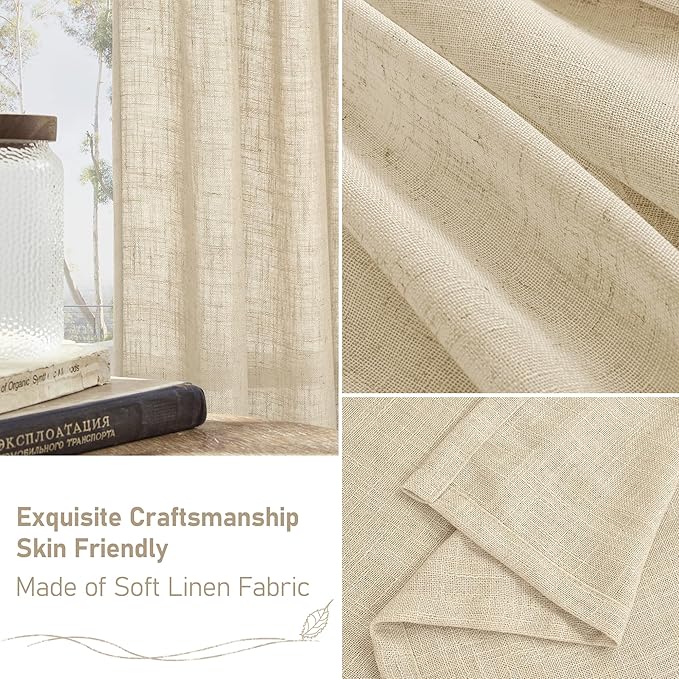 LAMIT Short Linen Curtains 40 Inch Length for Kitchen, Semi Sheer Light Filtering Window Curtains Farmhouse Boho Bronze Grommet Panels for Cafe/RV Camper, Linen, 2 Panels, 34 x 40 Inch
