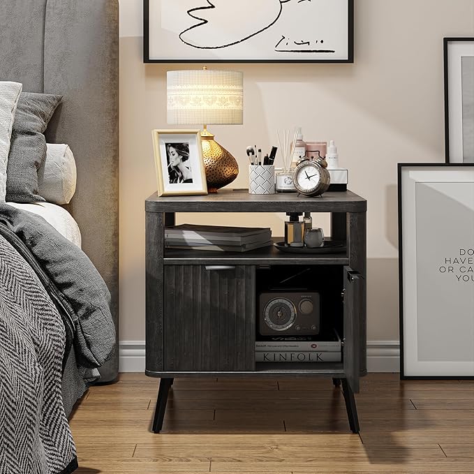 Nightstand with Charging Station, 24" End Table Side Table with Open Shelf, Modern Large Wood Fluted Bedside Cabinet for Bedroom, Living Room, Black
