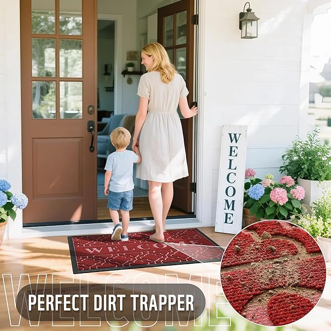 Yimobra Welcome Mat Outdoor Indoor, All-Season Waterproof Front Door Mat Outside Entrance, All-Weather Heavy Duty Non-Slip Doormat, Low Profile Porch Patio Entrance Mats, 36x24, Red