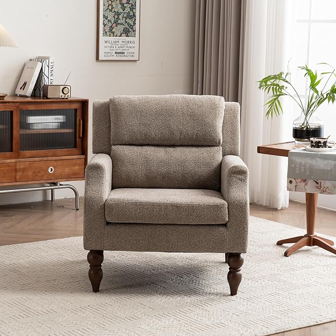 Kidol & Shellder Light Brown Oversized Accent Chair for Living Room Mid Century Modern Reading Chair with Back Upholstered Comfy Single Sofa Chair for Bedroom Lounge Side Corner Boucle Fabric Armchair