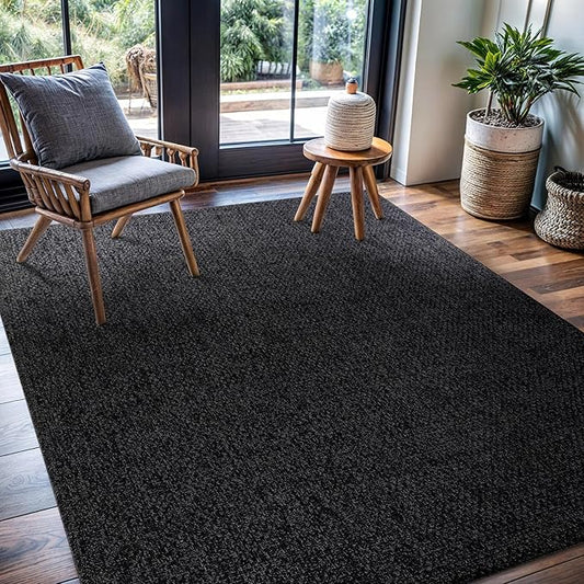 CAMILSON Easy Jute Rug 5x7, Indoor Outdoor Dark Gray Black Farmhouse Area Rugs for Living Room Patio and Kitchen Rug, Solid Boho Woven Design, Easy-Cleaning, Washable Outside Carpet Alfombras (5 x 7)