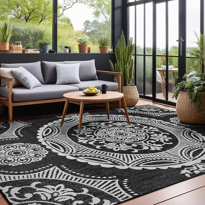 Medallion Outdoor Rug 8x10 Washable Outside Carpet for Indoor Patio Porch Waterproof Easy Cleaning Non Shedding Area Rugs Black 8 x 10