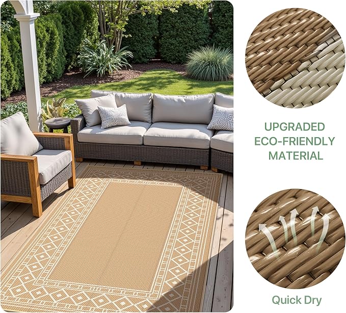 GENIMO Outdoor Rug 5'x8' Waterproof for Patio Decor, Reversible Outdoor Plastic Straw Rug Carpet, Camping Mats for Outdoor, RV, Backyard, Deck, Balcony, Picnic, Brown & Beige