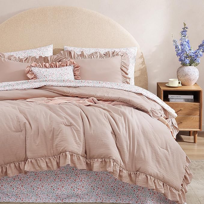 King Comforter Set - 7 Pieces Ruffle Pink Bedding Sets, Shabby Chic Farmhouse Bed in a Bag King with Ruffle Comforter, Floral Sheets, Pillowcases & Shams