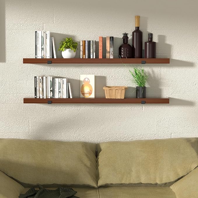 CONSDAN Floating Shelves for Wall Mounted Book Shelf Hanging Shelves Floating Bookshelf for Bedroom, Bathroom, Living Room, Kitchen USA Grown Solid Hardwood, Dark Maple 48x7.5x1.5 in (Set of 2)