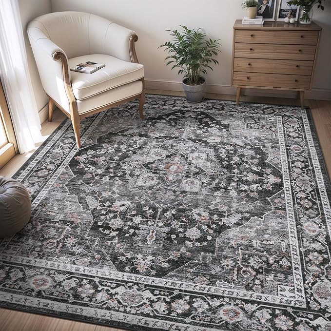 AMOAMI-Area Rug 6X9 Rugs for Living Room-Vintage Sof Dark Grey & Black Rugs for Bedroom-Non Slip Carpet-Machine Washable Rug for Dining Room Living Room Bedroom Office Under Table