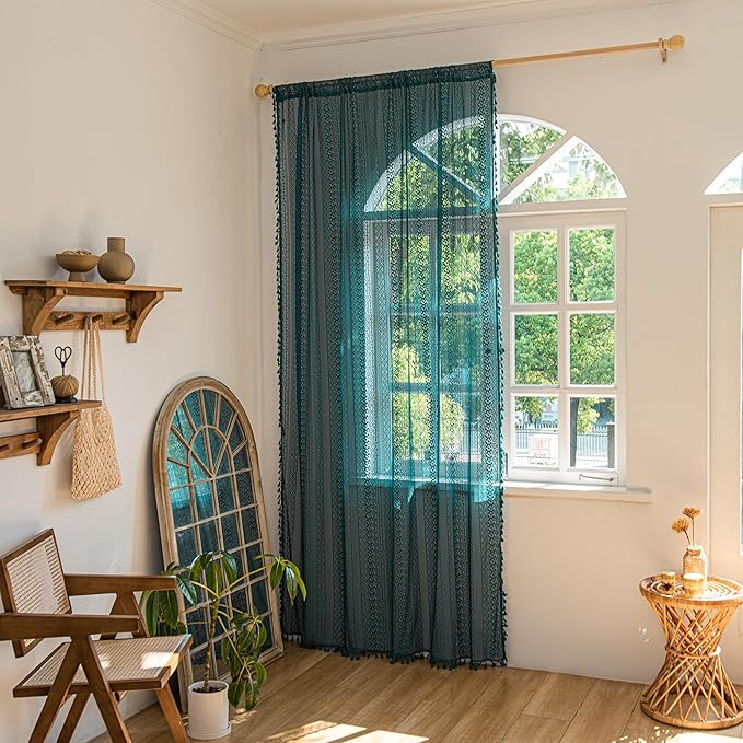Sutuo Home Boho Curtains 120 inches for Bedroom Dining Room Patio Doorway, Crochet Lace Sheer Bohemian Extra Long with Tassels,Window Treatment Drape, Single 1 Panel 59" W x 120" L, Turquoise