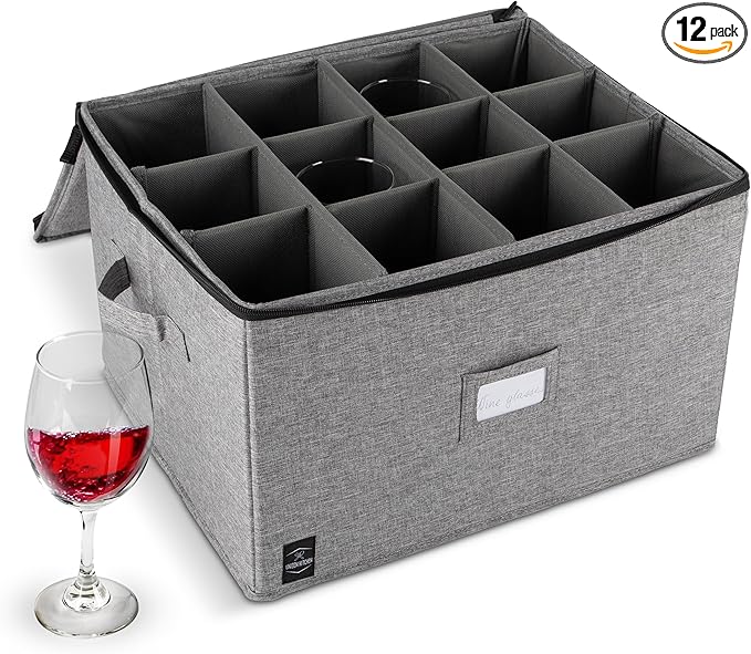 Wine Glass Storage, Holds 12 Stemware Glasses, Stackable, Fully-Padded Inside with Hard Top and Sides (Grey)