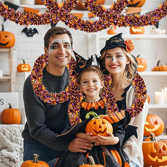 50FT Halloween Decorations Tinsel Garland, Orange Purple Black Shiny Metallic Tinsel Twist Hanging Streamers Garland for Halloween Birthday Home Tree Banister Indoor Outdoor Party Decor Supplies