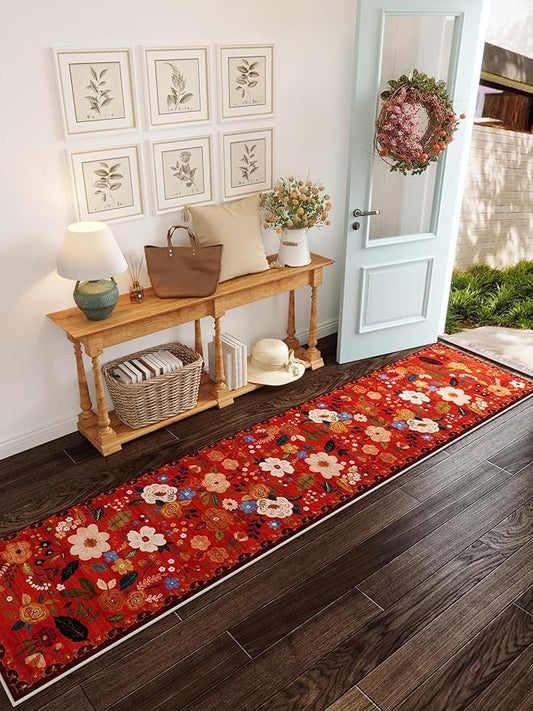Runners for Hallways Kitchen Runner Rug Non Slip 2'x 10' Long Washable Rugs with Rubber Backing Soft Floral Carpet Runner for Hallways, Kitchen, Laundry, Bedroom, Bathroom(Red)