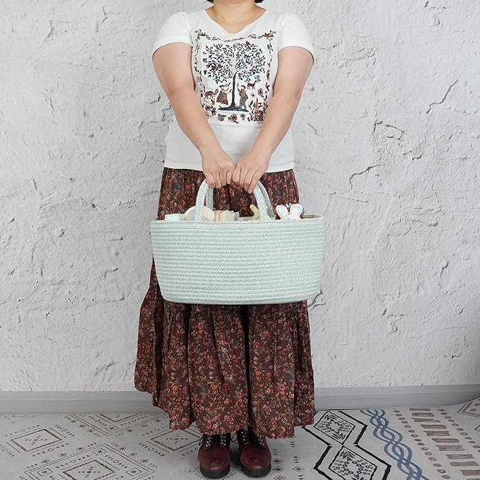 Diaper Caddy Organizer Cotton Rope Baby Basket Nursery Storage and Portable Tote Bag for Car Ideal Baby Shower Gifts and Registry Must-Have for Newborn Essentials Large light green