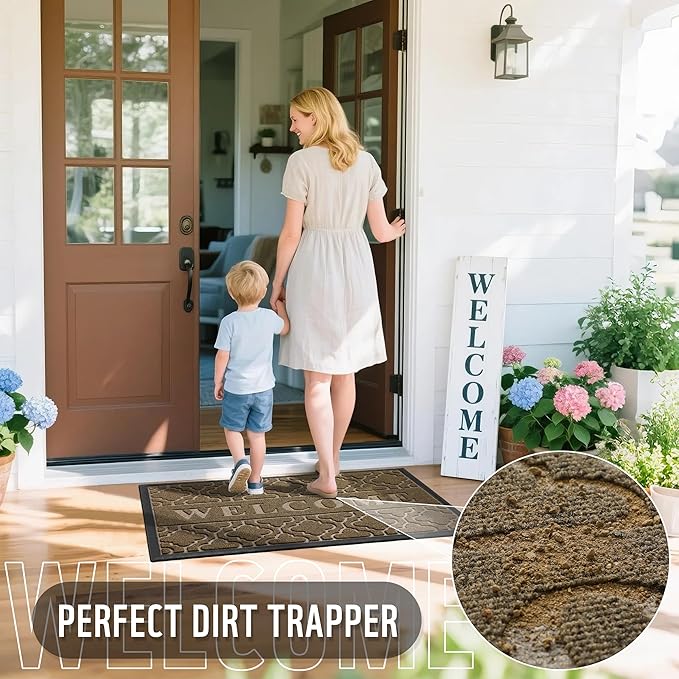 Yimobra Welcome Mat Outdoor Indoor, All-Season Waterproof Front Door Mat Outside Entrance, All-Weather Heavy Duty Non-Slip Doormat, Low Profile Porch Patio Entrance Mats, 47x32, Coffee