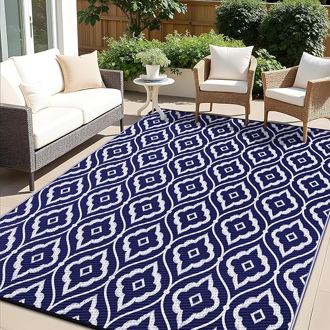 OLANLY Outdoor Rug 5x8 ft Waterproof, Outdoor Plastic Straw Rug with Geometric Pattern Clearance, Reversible RV Mat for Patio, Camping, Balcony, Deck, Backyard, Navy & White