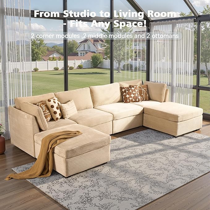 Modular Sectional Sofa, 130.7 Inch U Shaped Couch Set for Living Room, 4-Seater Comfy Cloud Couches with Two Movable Ottoman, DIY Combination, Plush Corduroy, Beige