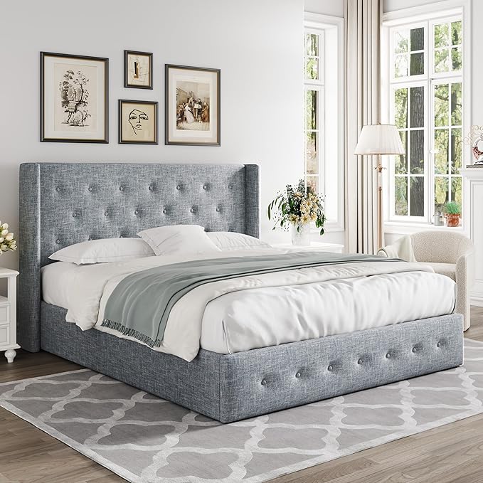 Allewie Queen Size Lift Up Storage Bed, Button Tufted Headboard with Wingback, Hydraulic Support, No Box Spring Needed, Grey Blue