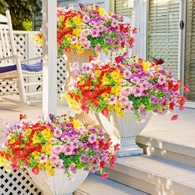 ‌20 Bundles Artificial Flowers for Outdoors‌ with 6 Faux Butterflies, UV Resistant ‌Fake Flowers‌ with Eucalyptus Leaves, ‌Artificial Plants Outdoor‌ for Patio Garden Porch Home Decor (Mix 4 Colors)